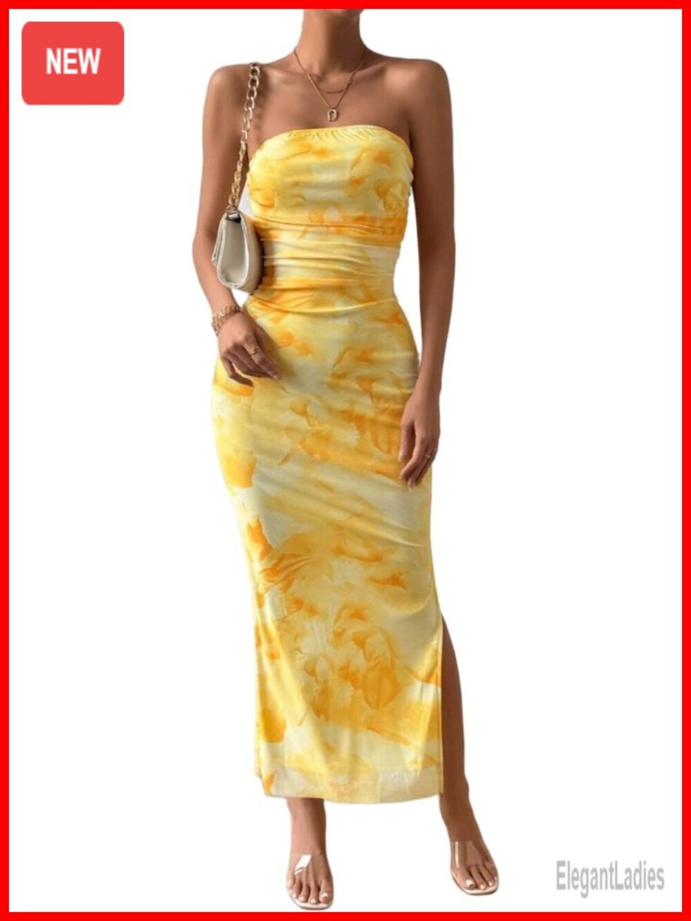 Strapless Tube Bodycon Maxi Dress with Side Slit and Mesh Layered